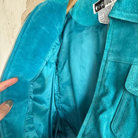 Vintage Suede Trucker Jacket Womens L Turquoise Teal 90s Leather Bomber Western - Picture 6 of 7